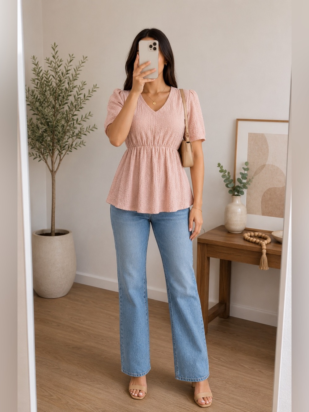 Ember Pink Textured Peplum Blouse V Neck Short Sleeve Stretch Waist Top M
